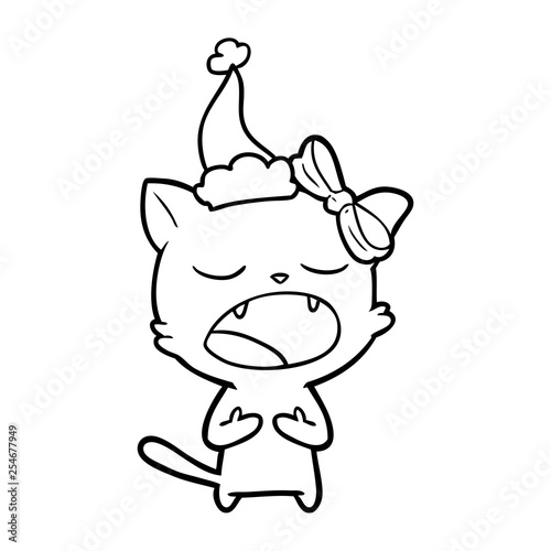 line drawing of a cat meowing wearing santa hat