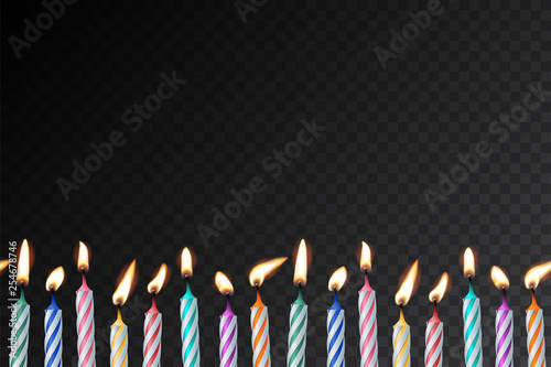 Birthday candles realistic vector illustration on dark transparent background
