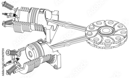 Two pistons and crankshaft on a white