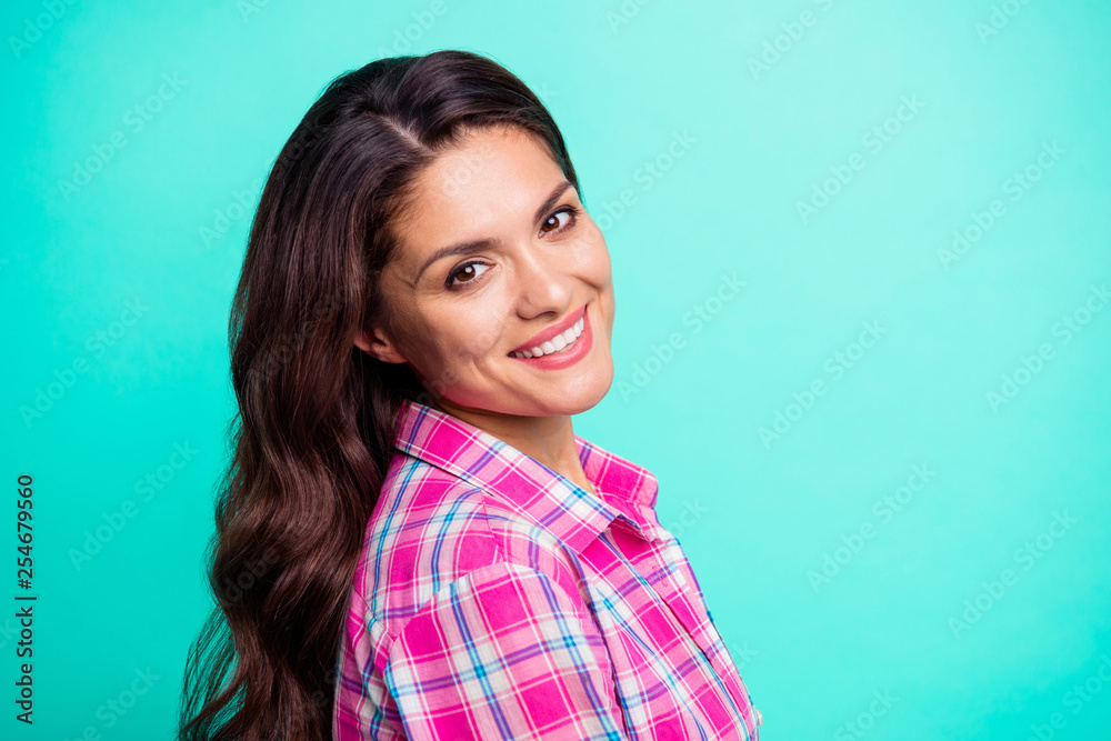 Close up side profile photo amazing white teeth beautiful she her lady kindhearted easy-going overjoyed wearing casual plaid checkered pink shirt outfit isolated teal bright vivid background Close up side profile photo amazing white teeth beautiful she her lady kindhearted easy-going overjoyed wearing casual plaid checkered pink shirt outfit isolated teal bright vivid background