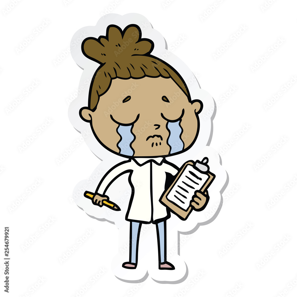 sticker of a cartoon crying saleswoman