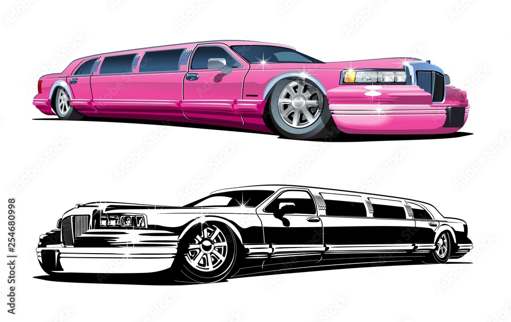 Vector Cartoon limousines, colour and black and white versions