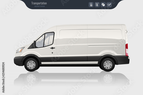Detailed Cargo Van vector template. Realistic White Cargo Van isolated on grey background. Vector
