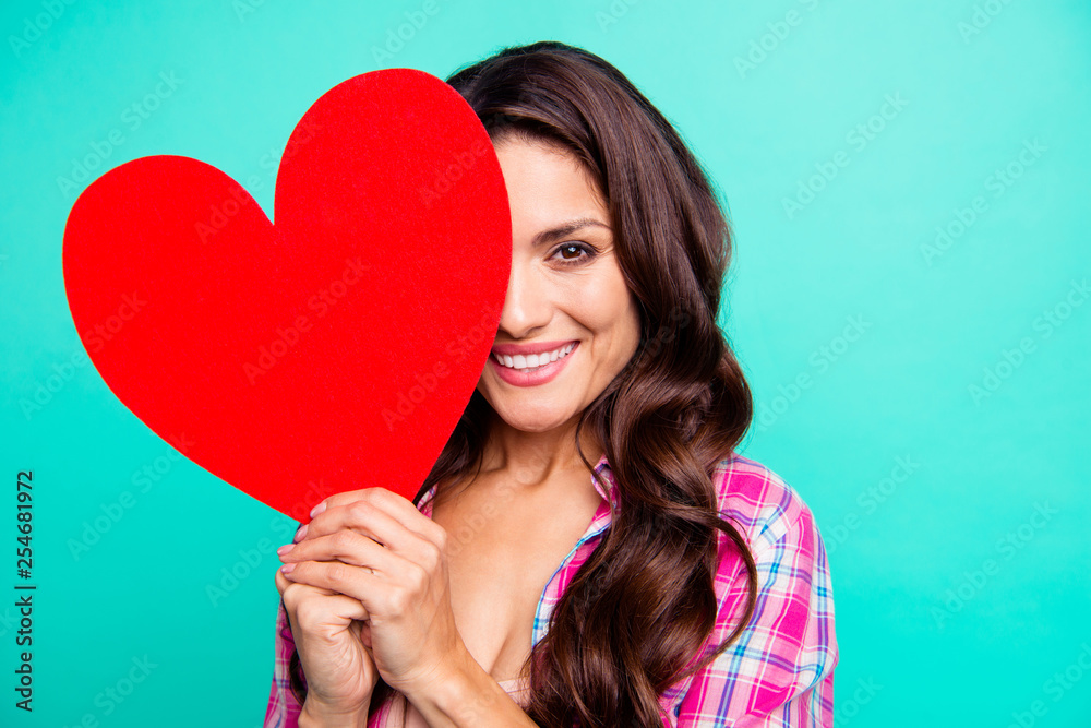 Close up photo beautiful she her lady hands arms hold pretty sweet large heart shape figure postcard hiding one eye wear casual plaid checkered pink shirt outfit isolated teal bright vivid background Close up photo beautiful she her lady hands arms hold pretty sweet large heart shape figure postcard hiding one eye wear casual plaid checkered pink shirt outfit isolated teal bright vivid background