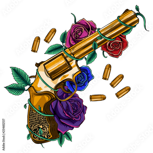 golden gun surrounded by colorful roses and bullets