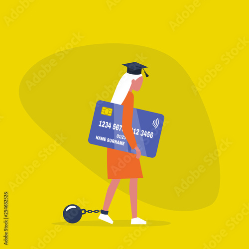 Education loan. Young exhausted female character wearing a graduation cap, shackles and holding a credit card. Obligation. Debt. Concept/ flat editable vector illustration, clip art
