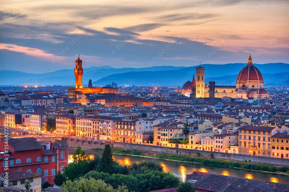 Florence, Tuscany - Night scenery with Duomo Santa Maria del Fiori Renaissance architecture in Italy