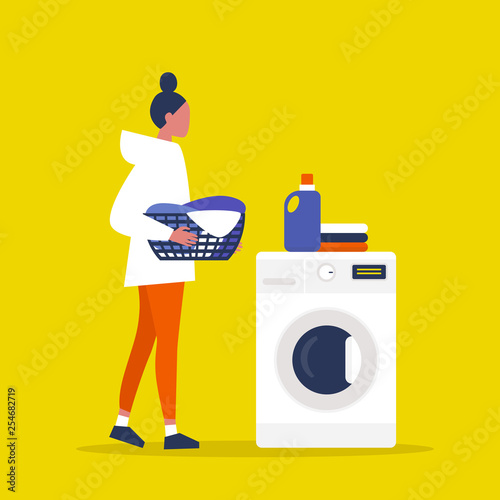 Young female character holding a laundry basket. Laundromat. Detergent. Daily chores concept. Flat editable vector illustration, clip art