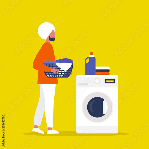 Young indian character holding a laundry basket. Laundromat. Detergent. Daily chores concept. Flat editable vector illustration, clip art