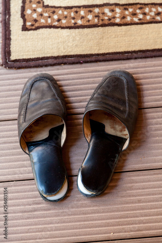Leather slippers stand in front of carpet