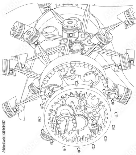 Disassembled radial engine on a white