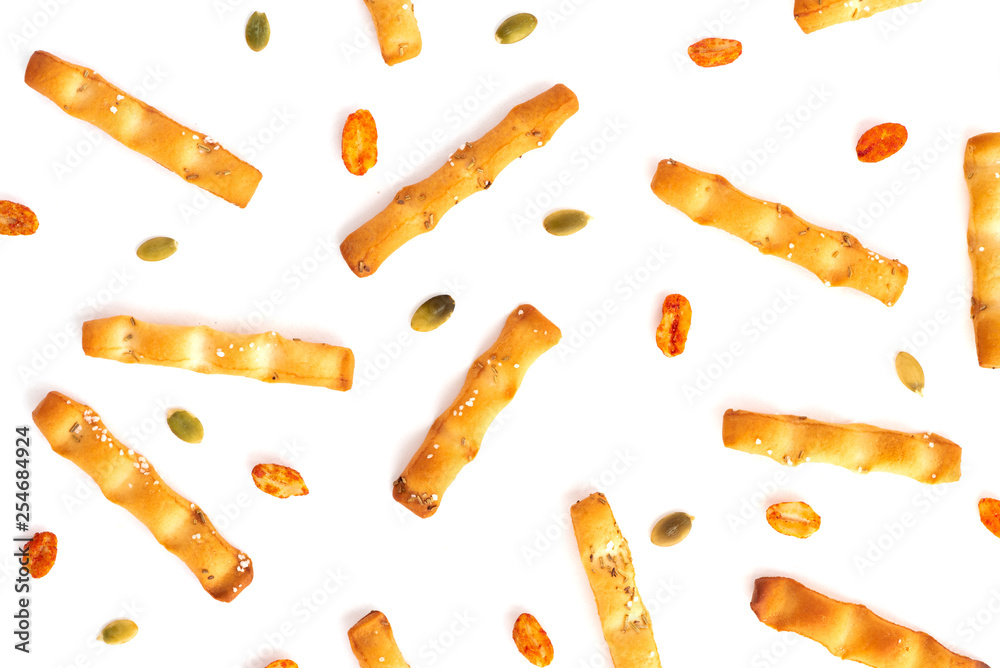 Snack. Snack breadsticks on a white background. Top view. Isolated. Snack. Snack breadsticks on a white background. Top view. Isolated.