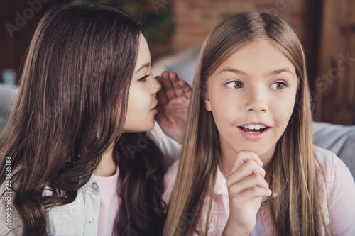 Close-up portrait of two nice attractive charming dreamy pensive funny curious girls sharing secrets dream news information fantasize fancy in house loft industrial interior style