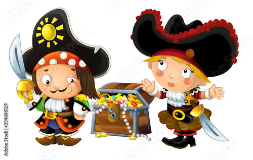 happy smiling cartoon medieval pirate boy and girl standing smiling with sword and treasure chest on white background - illustration for children