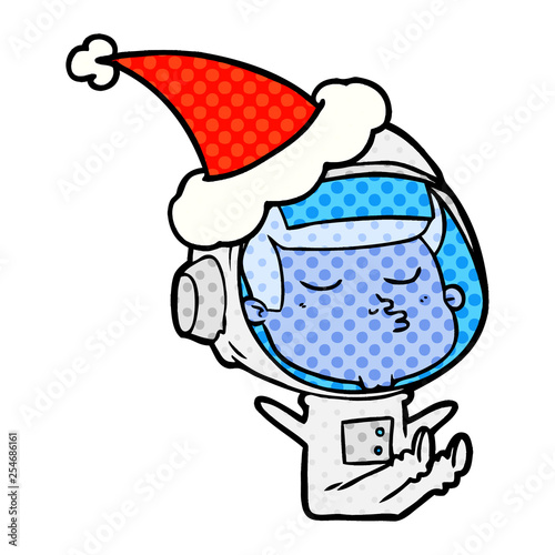 comic book style illustration of a confident astronaut wearing santa hat