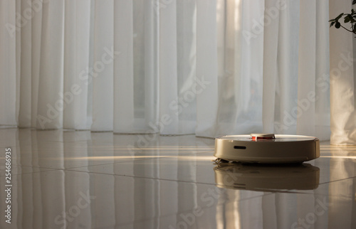 Robot Vacuum Cleaner is Cleaned in a House Without You. - Background  Panorama. Concept  Smart Home.