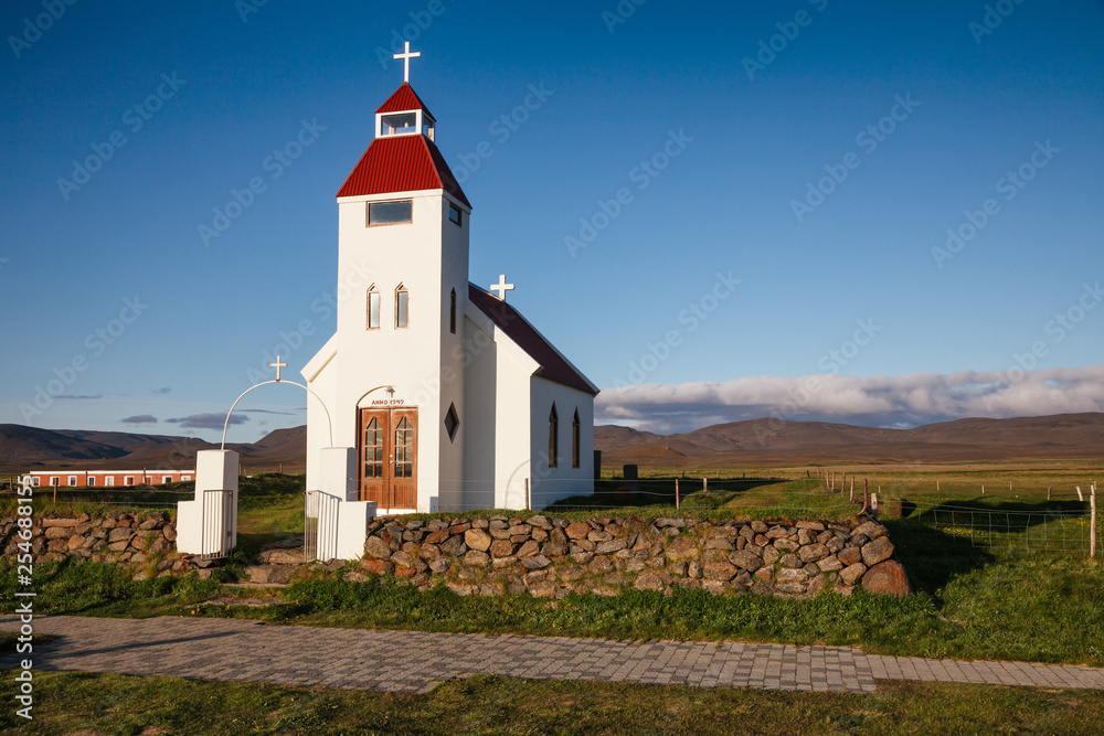 White church at Modrudalur farm Eastern Iceland Scandinavia