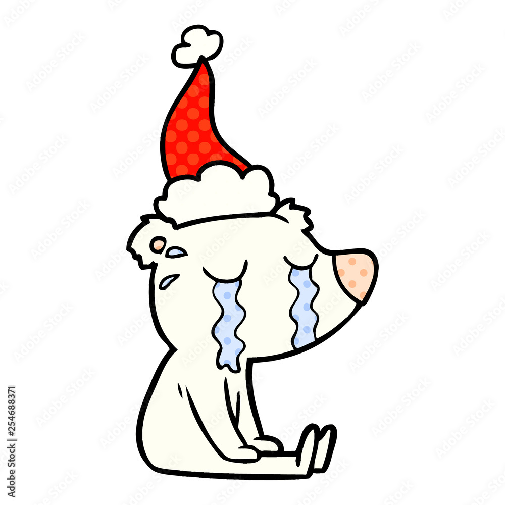 comic book style illustration of a crying sitting polar bear wearing santa hat comic book style illustration of a crying sitting polar bear wearing santa hat