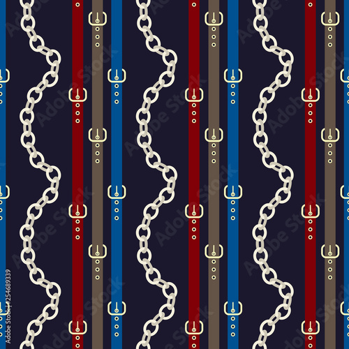 Silver chains with colorful belts on a deep blue background