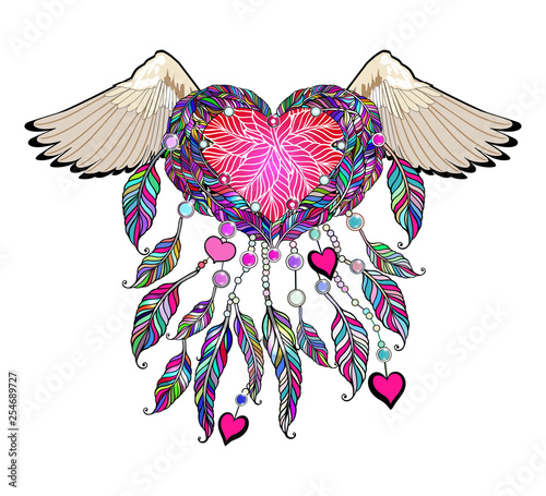 Boho vector heart with wings. Indian Dream catcher.