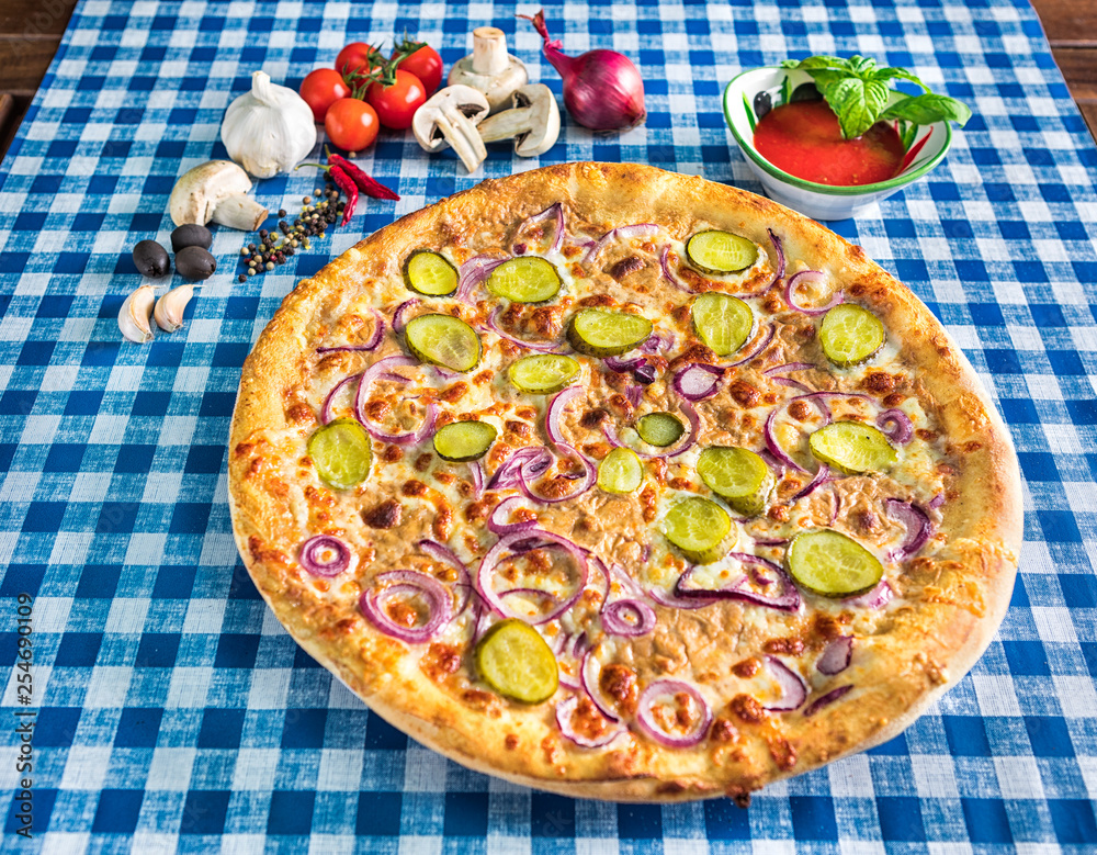 Cheese pizza with red onion and pickled cucumber Cheese pizza with red onion and pickled cucumber