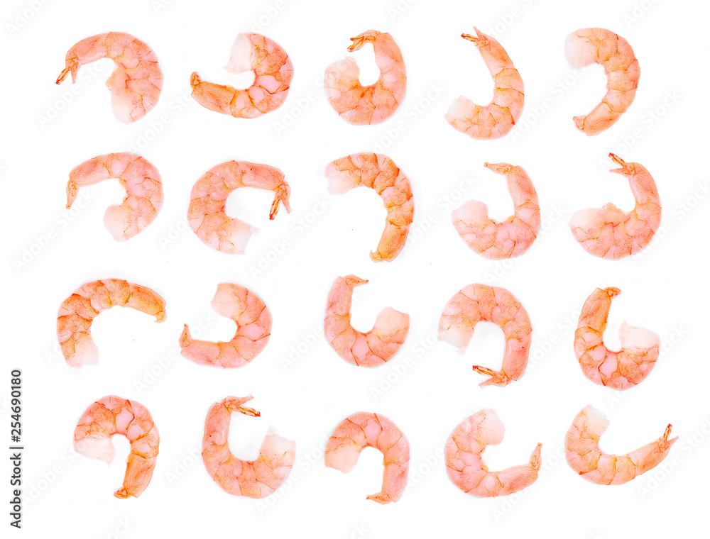 Peeled Shrimps isolated on white background. Seafood concept. Shrimp Collection. Top view. Flat lay Peeled Shrimps isolated on white background. Seafood concept. Shrimp Collection. Top view. Flat lay