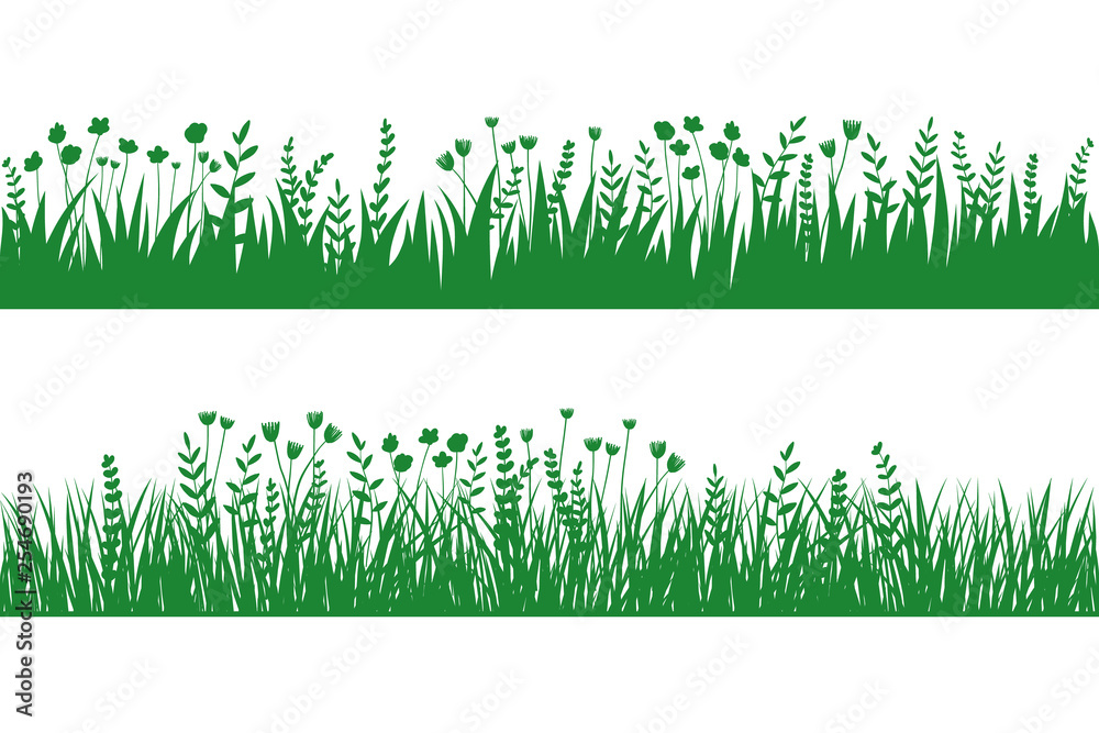 Vector green grass: natural, organic, bio, eco label and shape on white background. Seamless brush, pattern
