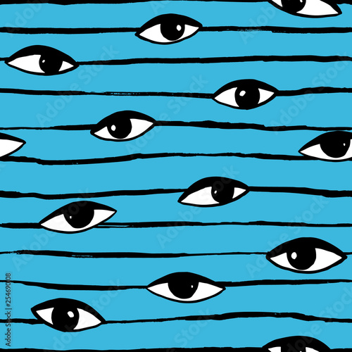 Hand drawn eye doodles icon seamless pattern in retro pop up style. Vector beauty illustration of open and close eyes for cards, textiles, wallpapers, backgrounds.
