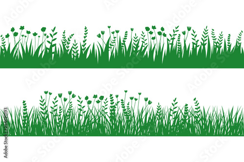 Vector green grass: natural, organic, bio, eco label and shape on white background. Seamless brush, pattern