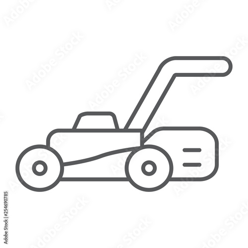 Lawn mover thin line icon, equipment and garden, cutter sign, vector graphics, a linear pattern on a white background.