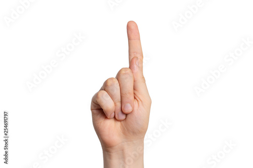 male hand points finger up. isolated background.