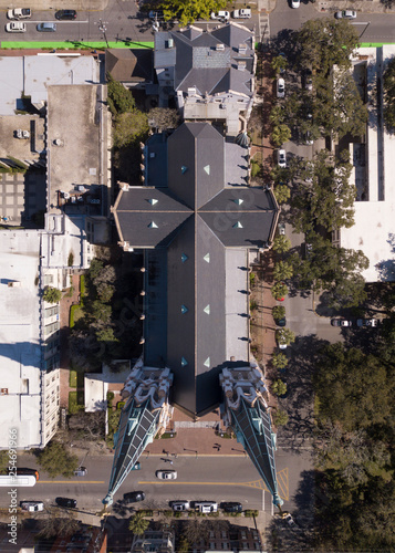 Unique straight down view of Cathedral of St John in downtown Savannah, Georgia, USA