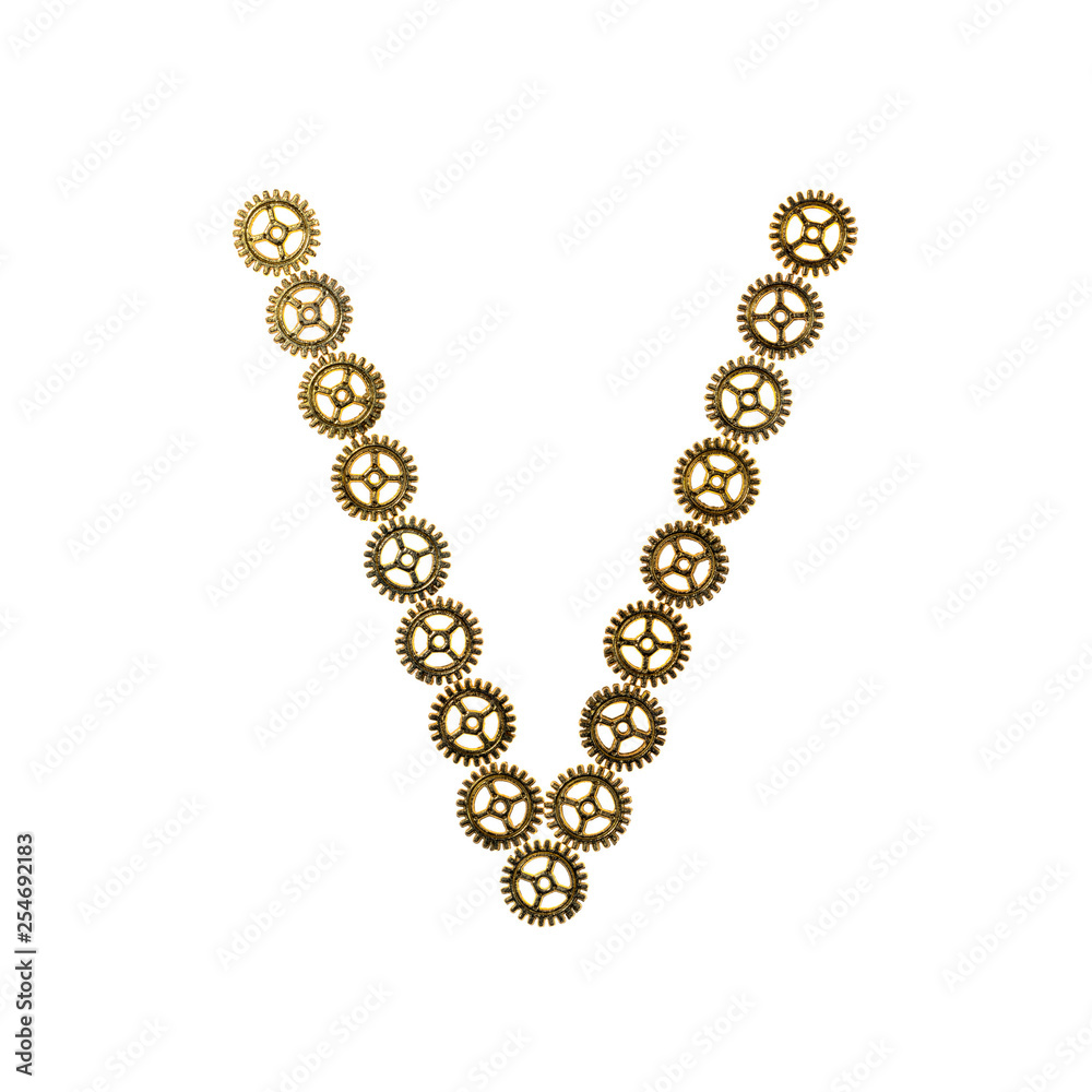 Alphabet letter V made of metal gears. Isolated on white background. Steampunk style Alphabet letter V made of metal gears. Isolated on white background. Steampunk style