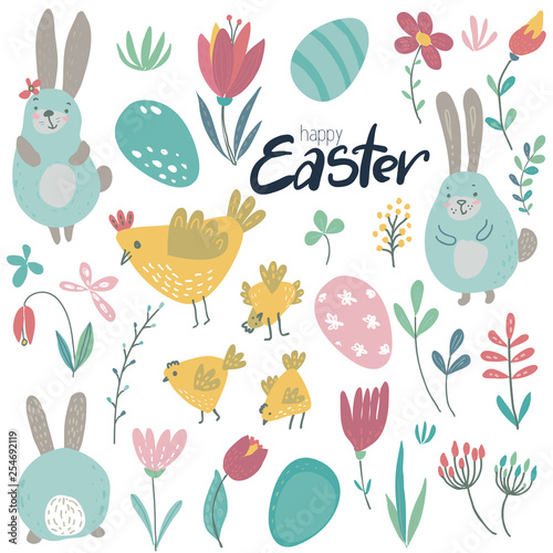 Vector collection of rabbits, chicken and flowers.