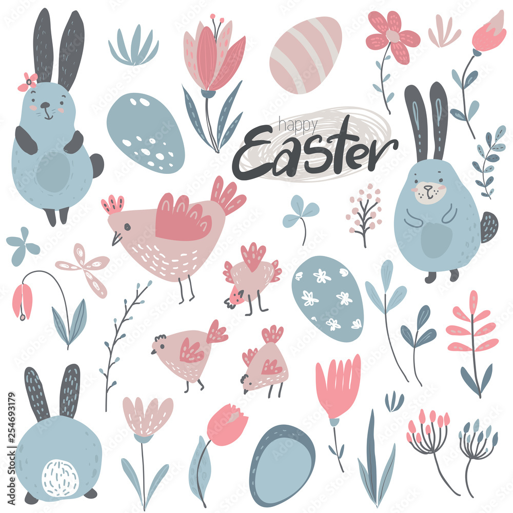 Vector collection of rabbits, chicken and flowers. Vector collection of rabbits, chicken and flowers.