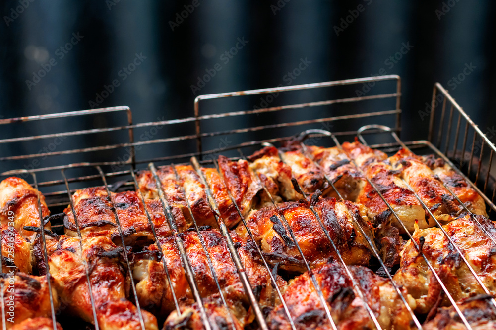 Grilled chicken leg snack for outdoor party. Place for text.