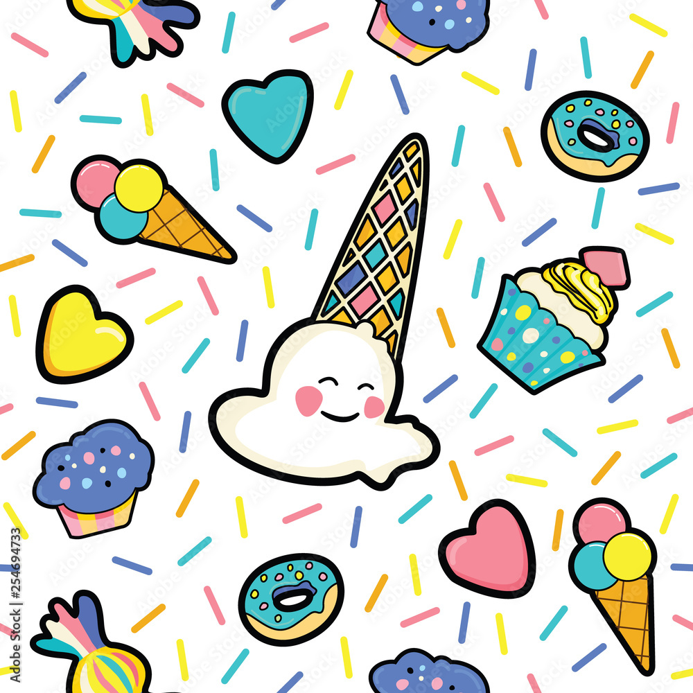 Pattern with cute ice cream, hearts, donut, cupcake