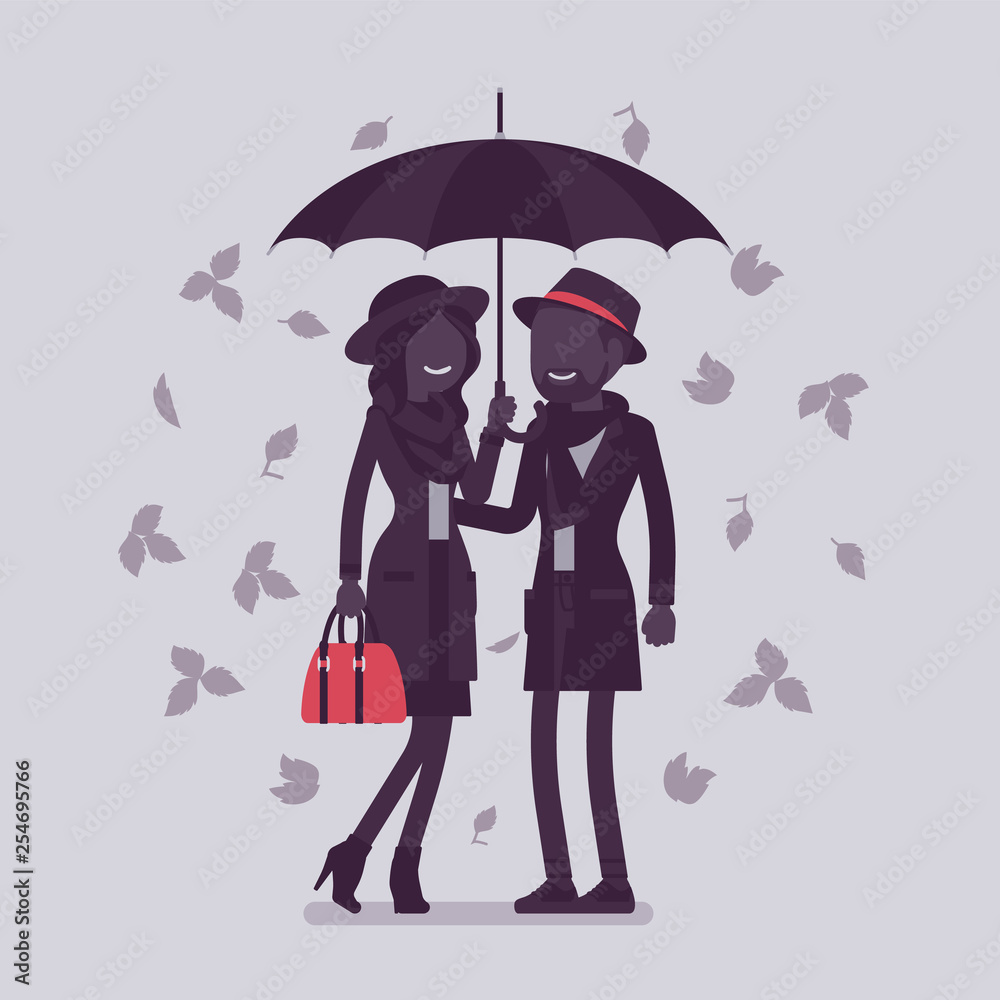 Vektorová grafika „Couple with umbrella in autumn. Man and woman in love  standing protected together under rain of fall leaves, feeling safe,  secure, romantic relationship. Vector illustration, faceless characters“ ze  služby Stock