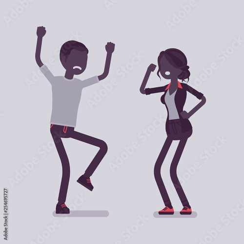 Family quarrel, heated wife and husband in argument or disagreement. Angry man in conflict, dispute with woman, couple abusive relationship, domestic violence. Vector illustration, faceless characters