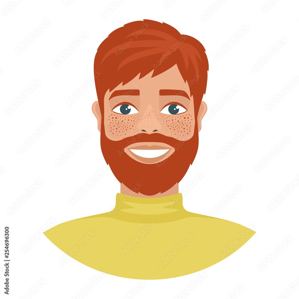 Portrait of a happy smiling redhead bearded man with blue eyes, wearing  yellow poloneck sweater. Fun mood. Flat cartoon character isolated on a  white background. Vector illustration. Stock Vector | Adobe Stock