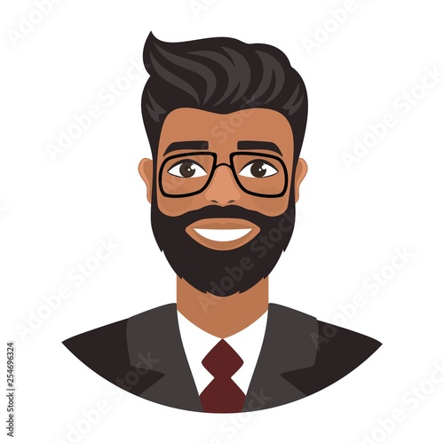 Portrait of a happy smiling young indian man in suit and red tie. Brown eyes, dark skin and black hair. Fun mood. Flat cartoon character isolated on a white background. Vector illustration.