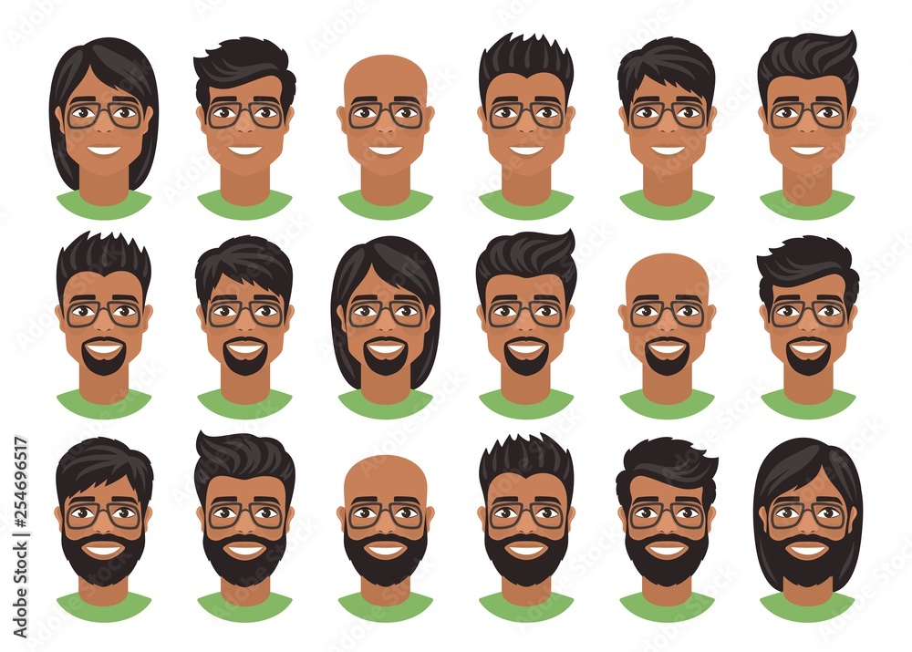 Set of mens avatars with various hairstyles: long or short hair, bald, with  beard or goatee.