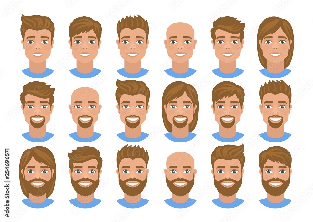 Set of mens avatars with various hairstyles: long or short hair, bald, with  beard or without. Blonde hair, blue eyes. Cartoon portraits isolated on  white background. Flat style. Vector illustration. Stock Vector |