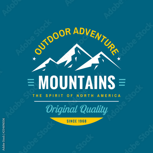Mountains outdoor adventure - concept logo badge for t-shirt clothing. Original quality. Retro vintage style. Fashion graphic design. Explore expedition. Mountaineering hiking. Creative emblem. 