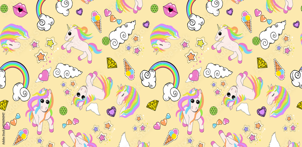 Fotografie pattern with unicorns, rainbow, clouds, heart with wings, lips, stars