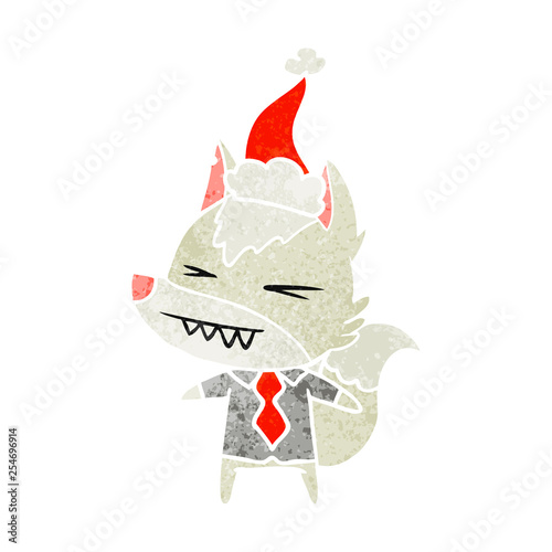angry wolf boss retro cartoon of a wearing santa hat