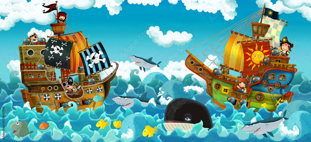 cartoon scene with pirates on the sea battle - illustration for the children