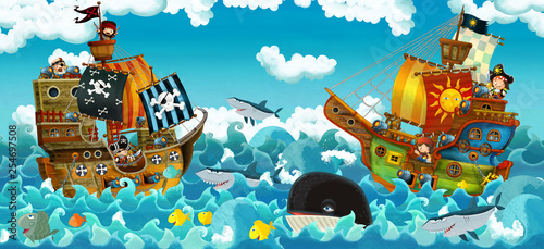 Obraz kreskówki scena z piratami na morskiej bitwie - ilustracja dla dzieci