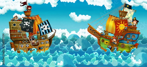 Fototapeta Naklejka Na Ścianę i Meble -  cartoon scene with pirates on the sea battle - illustration for the children