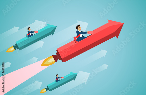 businessman sit on red rocket arrow competing fly up to sky go to success goal. business finance concept. creative idea. startup. illustration cartoon vector photo